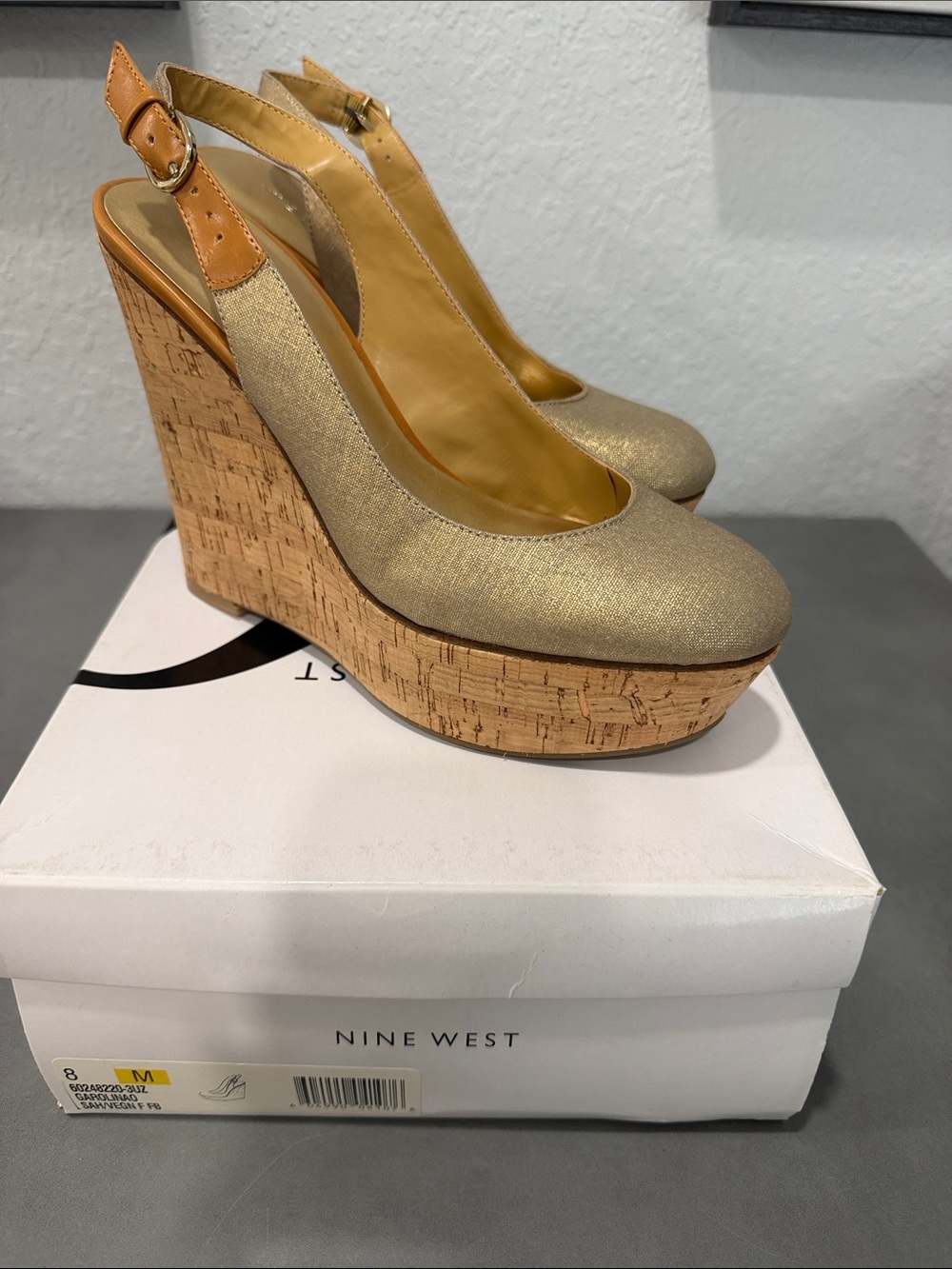 Nine West Gold and Tan Cork Wedge Slingbacks